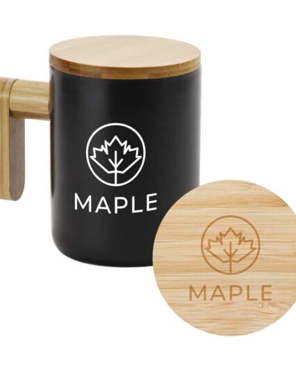 Black Ceramic Coffee Mugs with Bamboo Handle and Lid