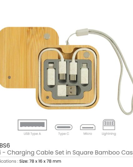 Multi-Charging Cable Set in Square Bamboo Case